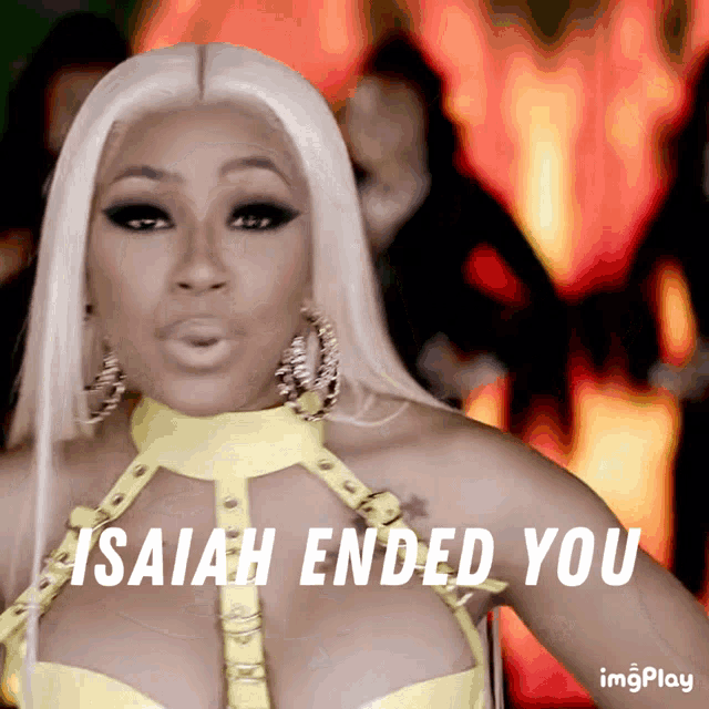 a woman in a yellow outfit with the words isaiah ended you on the bottom