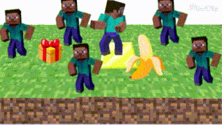 a bunch of minecraft characters are standing around a banana and a gift box
