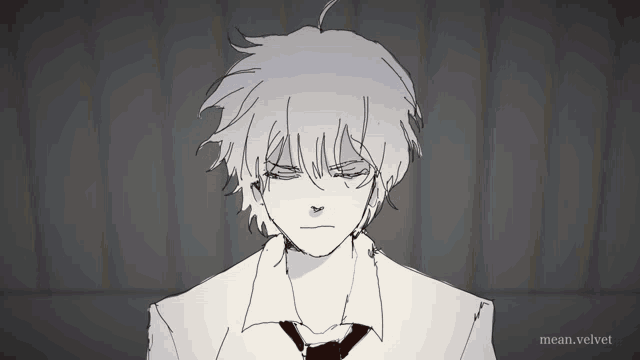 a black and white drawing of a boy with the words mean velvet below him