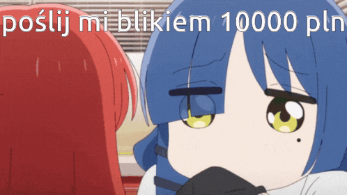 a picture of a girl with blue hair and the words poslij mi blikiem 10000 pln behind her