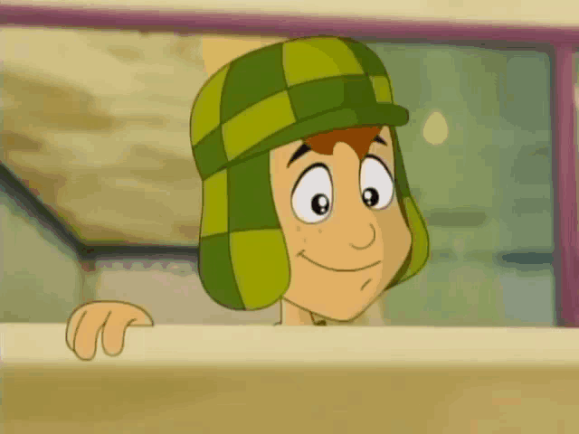 a cartoon character wearing a green hat and ear muffs is smiling