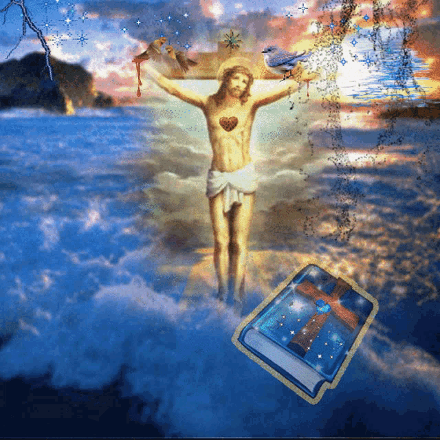 a painting of jesus on the cross with a bible on the ground