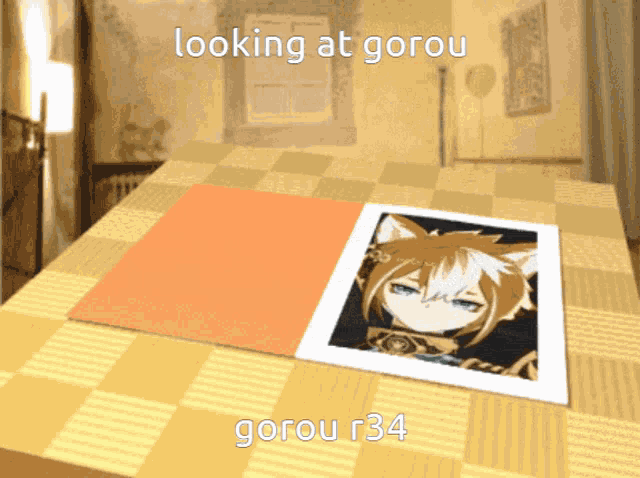 a picture of gorou r34 is on a checkered tablecloth