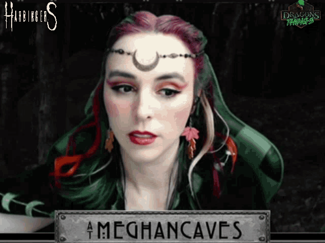 a woman with a crescent moon on her head and the name meghancaves on the bottom right