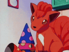 a cartoon of a red fox sitting next to a polka dot hat