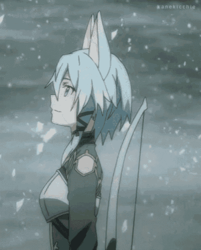a girl with fox ears is standing in the snow looking up .