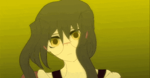 a drawing of a girl with long hair and glasses on a yellow background