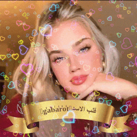 a woman is surrounded by colorful hearts and a gold ribbon that says gabanot