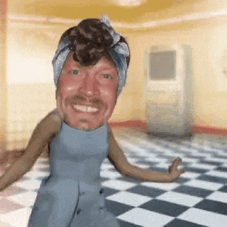 a man in a blue dress is dancing on a checkered floor in a room .
