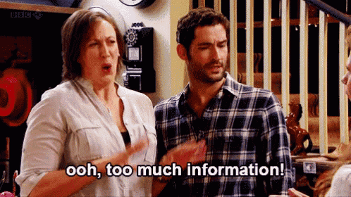 a man and a woman are standing next to each other and the woman says " ooh too much information "