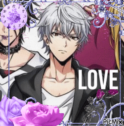 a picture of a man surrounded by flowers and the word love