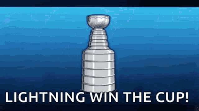 a cartoon drawing of a hockey cup with the words lightning win the cup below it .