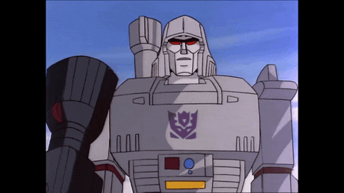 a cartoon drawing of a robot with a purple emblem on it