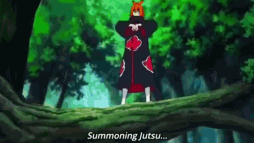 a cartoon character is standing on a tree branch in the woods and says summoning jutsu .