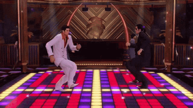 two men are dancing on a colorful dance floor in a video game