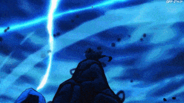 a person standing on top of a rock with a lightning bolt coming from it