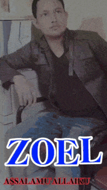 a man in a leather jacket sits in a chair with the name zoel on the bottom