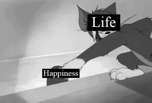 a black and white cartoon of a cat with the words life and happiness