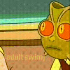 a close up of a cartoon character with orange eyes and the words adult swim written on the bottom