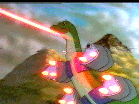 a cartoon of a dinosaur with a laser beam
