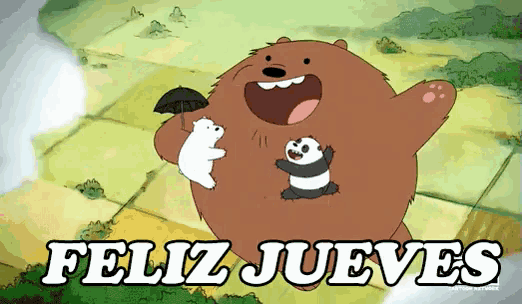a cartoon bear holding an umbrella with the words feliz jueves written below it