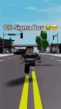 a cartoon character is running down a street with the words 0 % sigma boy written above him
