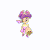 a pixel art drawing of a girl with purple hair and a purple hat holding a flower .