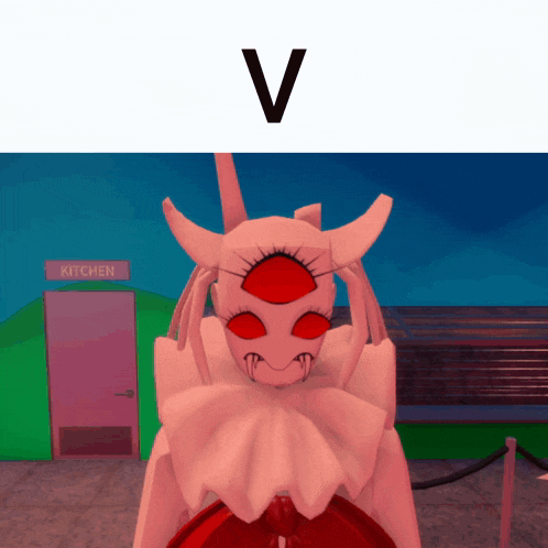 a cartoon character is standing in front of a kitchen door