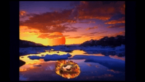 a sunset over a body of water with ice and a fireball in the middle