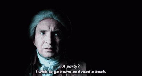 a man in a wig is saying " a party ? i wish to go home and read a book "