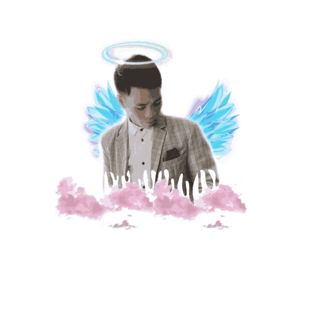 a man in a suit with angel wings and a halo around his head