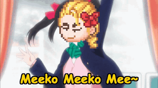 a pixel art drawing of a girl with the words meeko meeko mee