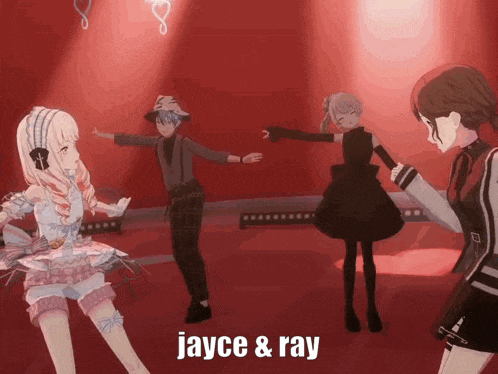 a group of anime characters are dancing together with the words jayce & ray written on the bottom