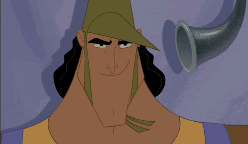 a cartoon character with a very long neck and a horn in the background