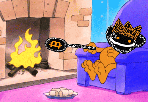 a cartoon character is sitting in front of a fireplace holding a key that says ' btc ' on it