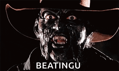 a close up of a person wearing a cowboy hat with the word beatingu on the bottom right