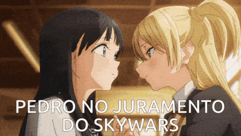 pedro no juramento do skywars is written on the bottom of a picture of two girls