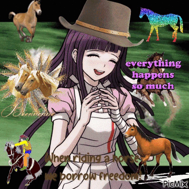 a girl in a cowboy hat is surrounded by horses and says everything happens so much when riding a horse