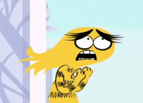 a yellow cartoon character with a big mouth and a red tongue is making a funny face