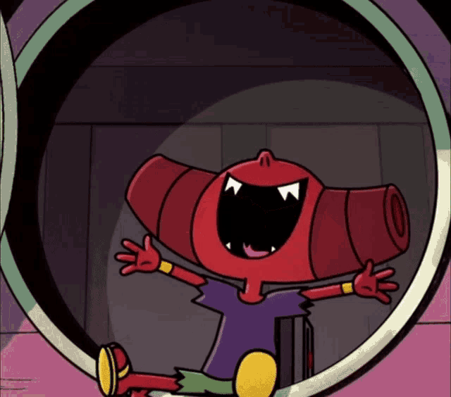 a cartoon character is sitting in a circle with its mouth open