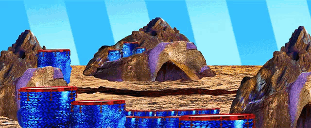 a computer generated image of a desert landscape with mountains and a blue and purple background