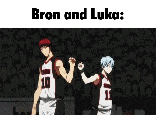 two basketball players standing next to each other with the words bron and luka on the bottom