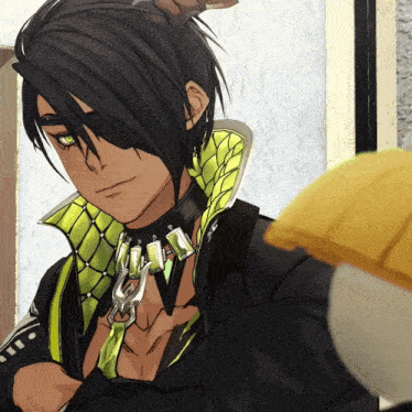 a cartoon character with black hair and green eyes is wearing a necklace