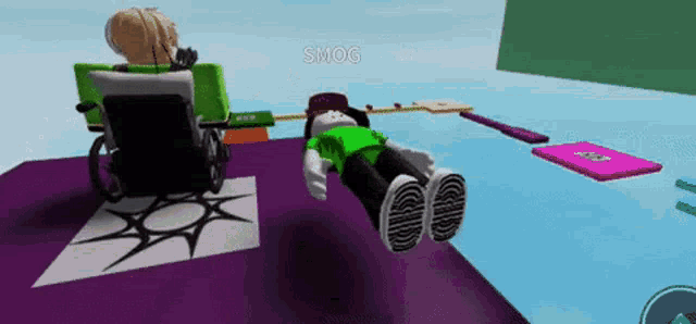 a person in a wheelchair is laying on the floor in a video game with smog written on the bottom