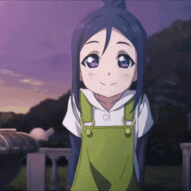 a girl with blue hair and blue eyes is wearing overalls