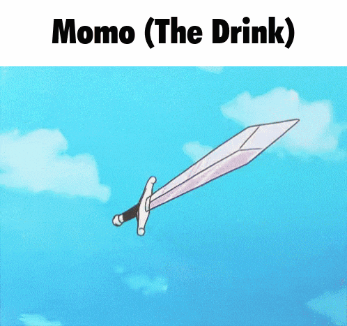 a cartoon character is holding a sword and the caption momo ( the drink )