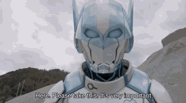 a robot with the words here please take this it 's very important on the bottom