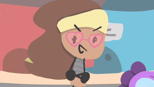 a cartoon character wearing heart shaped glasses has an angry expression on her face