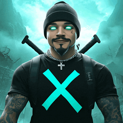 a man is wearing a black shirt with a blue x on it