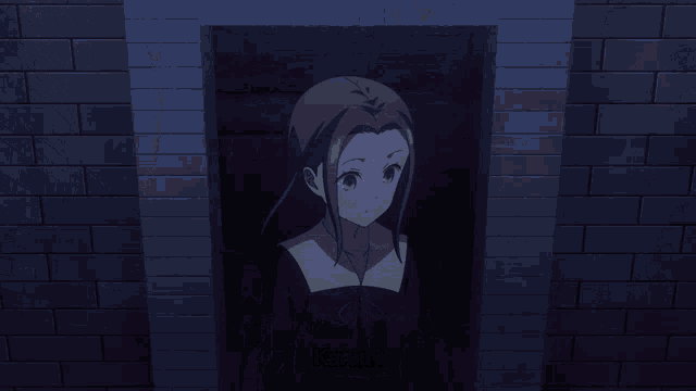 a girl looking out a window with a purple light coming out of her eyes